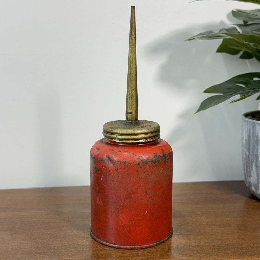 Vintage EAGLE Oil Can Red Metal Long Spout Mechanics Tool Garage Collectible
